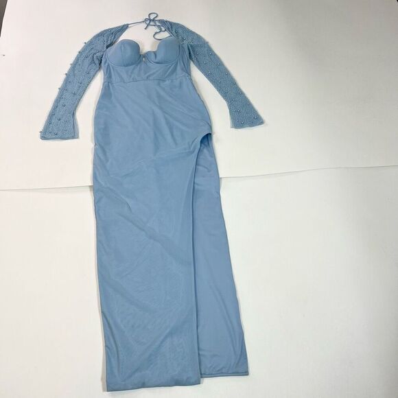 Oh Polly Dress Womens 8 Light Blue Embellished Beads Long Sleeve Maxi Gown - Picture 1 of 15